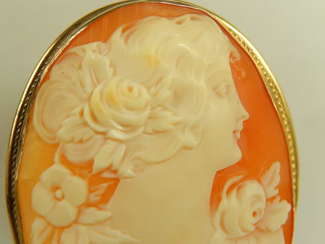 Large VICTORIAN 14k Carved Shell CAMEO PIN PENDANT Corsage ROSE Antique GOLD
