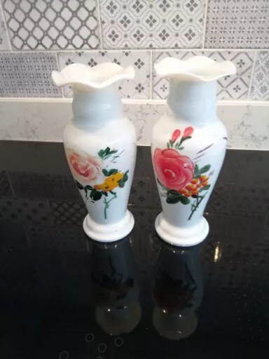 Opaline White glass near Pair vintage vases hand Painted floral design