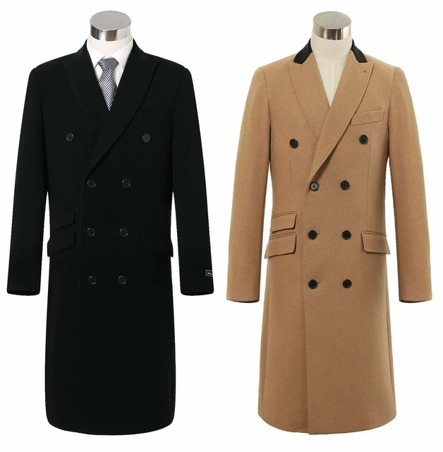 Mens Double Breasted Cashmere & Wool Long Overcoat Black Collar Winter Jacket