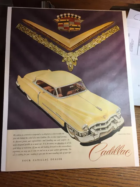 1953 CADILLAC Yellow Coupe de Ville with gold diamond necklace Vintage Ad