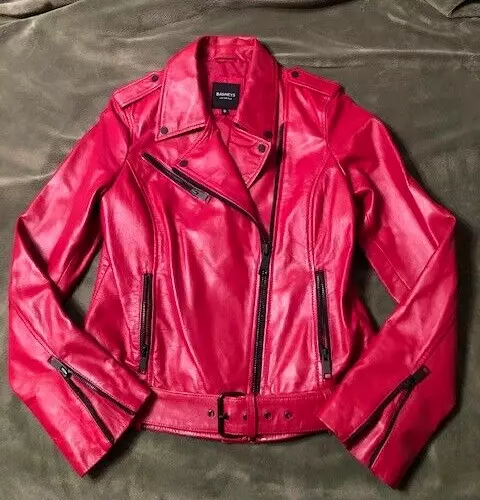 Barney's Originals Red Leather Moto Zip Up Jacket Women's Size US 10
