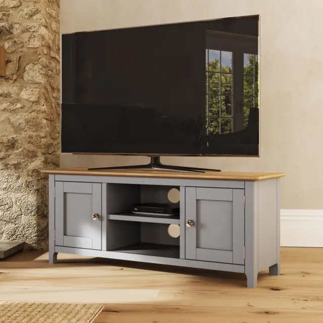 Large 2 Door TV Unit Assembled Dove Grey Solid Oak Living Room