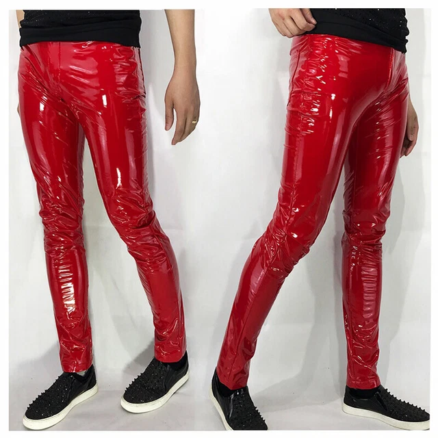 MEN FAUX LEATHER Pants Metallic Shiny Wet Look Skinny Leggings Trousers