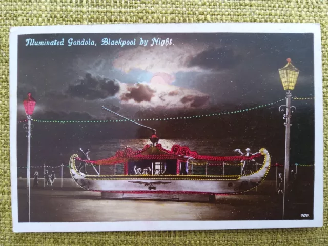 Old 1920's Blackpool Postcard. Illuminated Gondola, Blackpool by Night