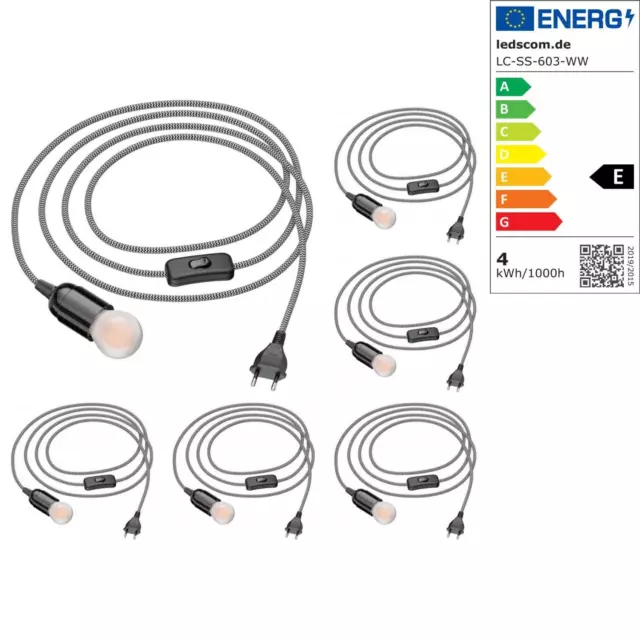 6x Cable textil LEHA con enchufe, interruptor y E27 portalámpara, negro/blanca,