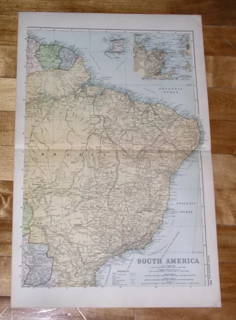 1908 Antique Map Of Brazil / Inset Map Of Rio De Janeiro / South America