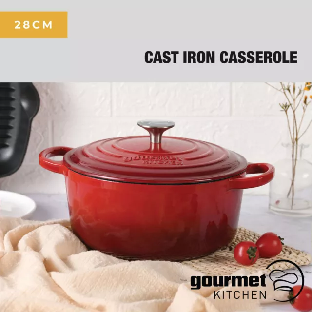 Gourmet Kitchen Cast Iron Pot Casserole Cook Oven Safe 28cm Black Cherry Red