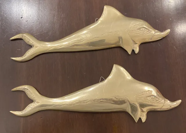 Vintage Brass Minoan Dolphin Pair Wall Hangings Sculpture Art