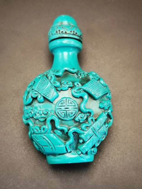 Old Nice Chinese Turquoise Carved Auspicious Flowers Pattern Snuff Bottle Y52