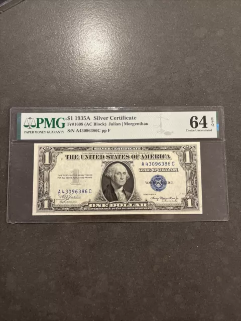 Silver Certificate FR 1608 $1 PMG 64EPQ  1935A AC Block