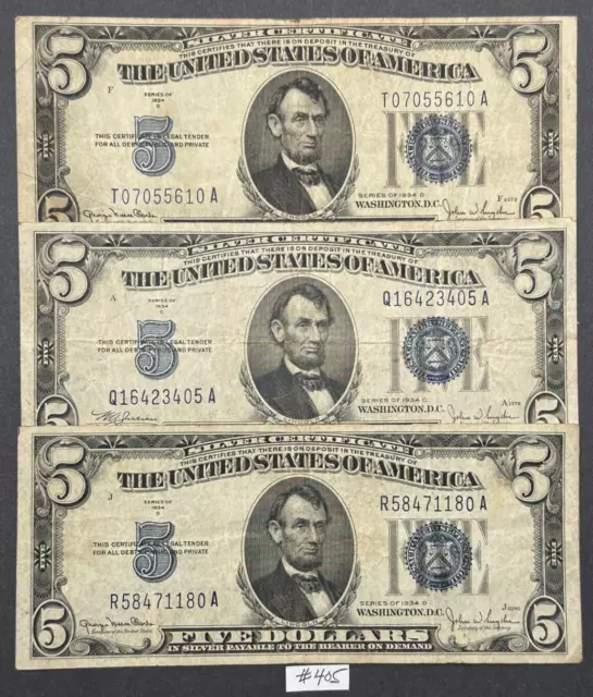 THREE $5 Silver Certificate Blue Seal 1934 Notes ~ Old $5 Dollar Bills