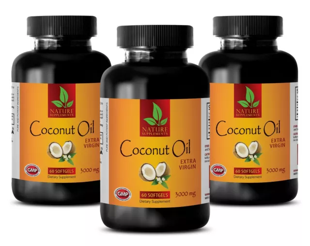 Organic Coconut Oil - Extra Virgin 3000mg - Weight Loss - 3 Bottles 180 Softgels