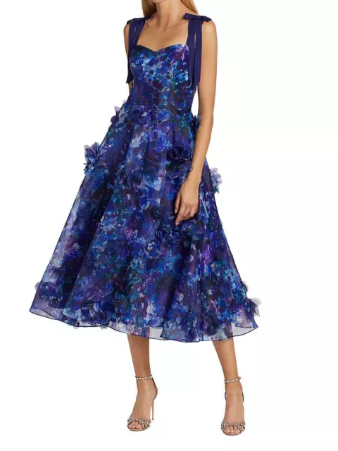 $995 NEW Marchesa Notte Organza 3D Applique Tea Length MIDI Dress  Purple Blue 6