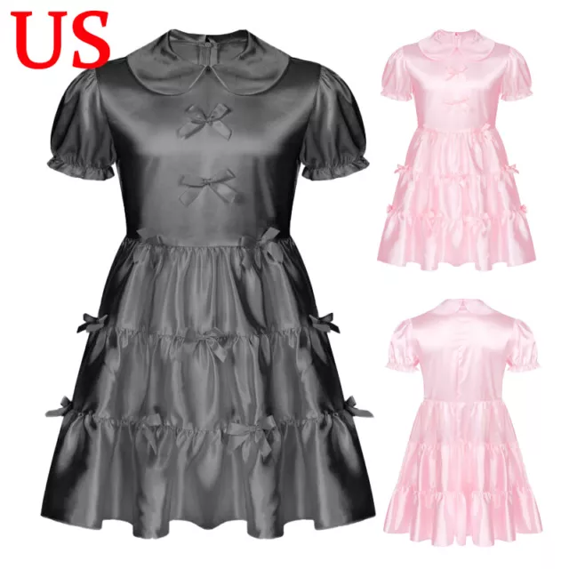 US Mens Puff Sleeve Sissy Costume Bowknot Frilly Crossdress Lingerie Satin Dress