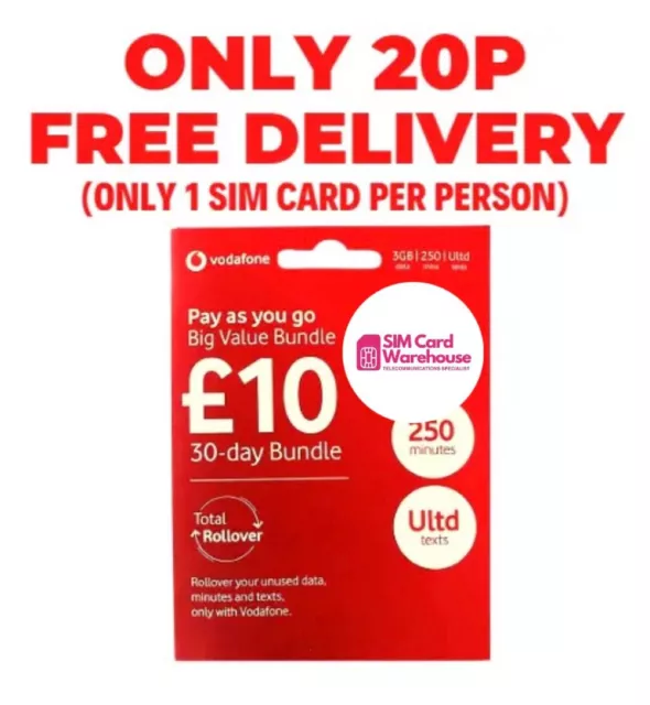 OFFICIAL Vodafone UK Pay As You Go SIM CARD 3 in 1 sim inc. Standard Micro Nano