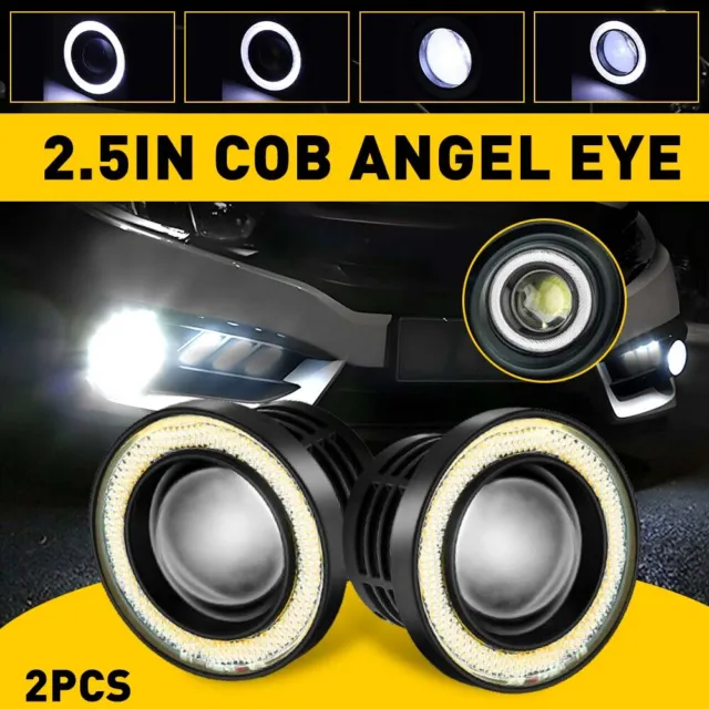 2.5" Car LED Fog Light Projector Driving Lamp COB Angel Eye Halo Ring DRL White