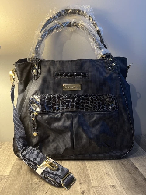 Samantha Brown Croc Skin Embossed Trim Tote Travel Bag Purse Carry On Navy Blue