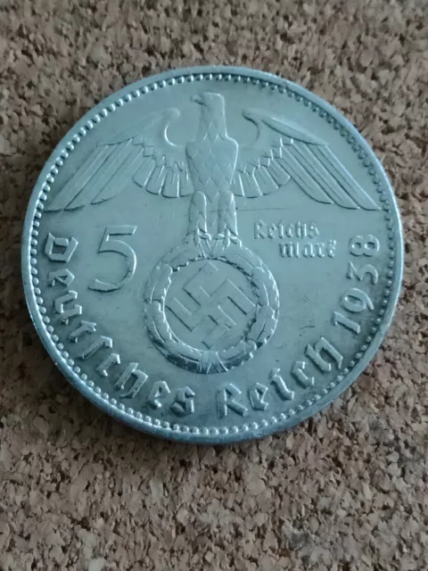 5 reichsmark 1938 J argent (WWII svastika) bel état