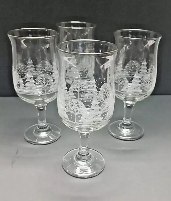 Vintage Libbey Arby’s Winter Snow Scene 4-Wine Glasses Etched Trees Gold Trim