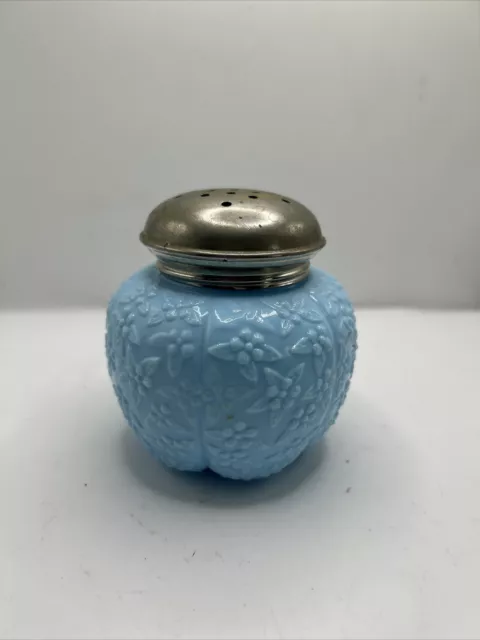 Sugar shaker opaque Blue Milk glass victorian Ribbed Raised Floral Pattern