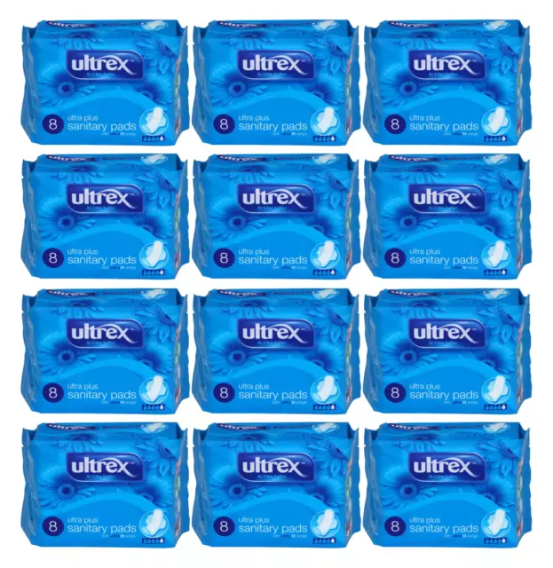 Ultrex Ultra Plus Sanitary Towels Cotton Soft Feel Comfort, 12 Pack ( 96 Pads)