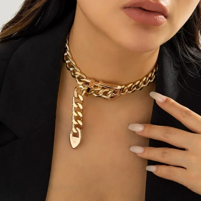Silver Gold Chain Choker Chunky Statement Buckle Bib Necklace Chain