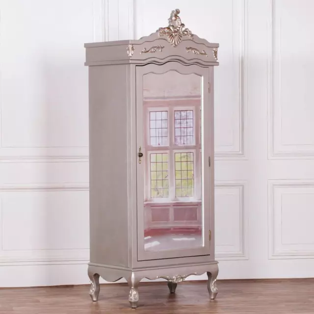 French Silver Single Door Armoire with Mirrored Door