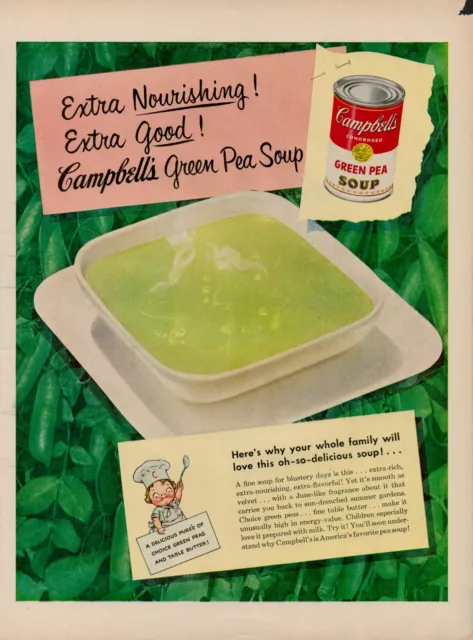 1951 Campbells Kids Soup Green Pea 50s Vintage Print Ad Food Lunch Can Puree