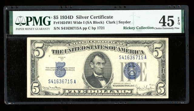 DBR 1934-D $5 Silver Fr. 1654Wi Wide I SA Block PMG 45 EPQ Serial S41636715A