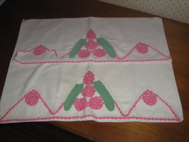 Vintage Pair white PILLOWCASES Pink hand crocheted rosettes & edging 32" x 20"