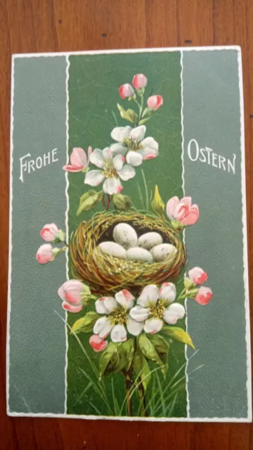 Ansichtskarte Ostern, "Frohe Ostern" Prägekarte, Osternest mit Blumen, um 1910