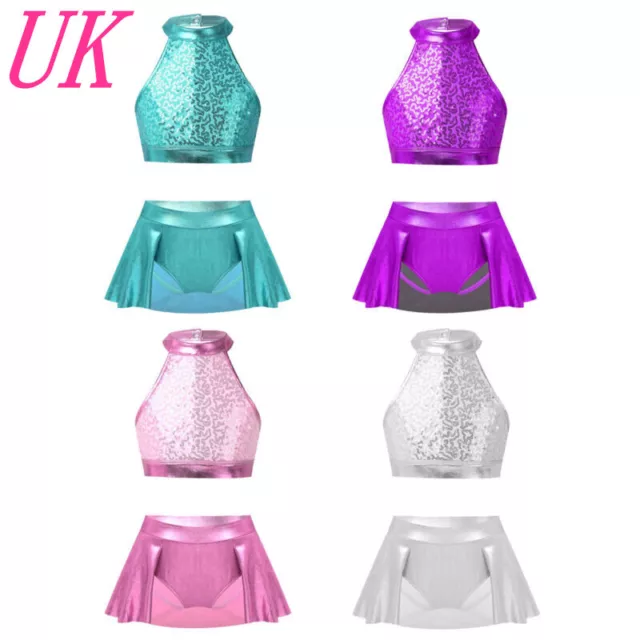 UK Kids Girls 2PCS Sequins Dance Outfits Crop Top and Bottoms Gymnastics Costume