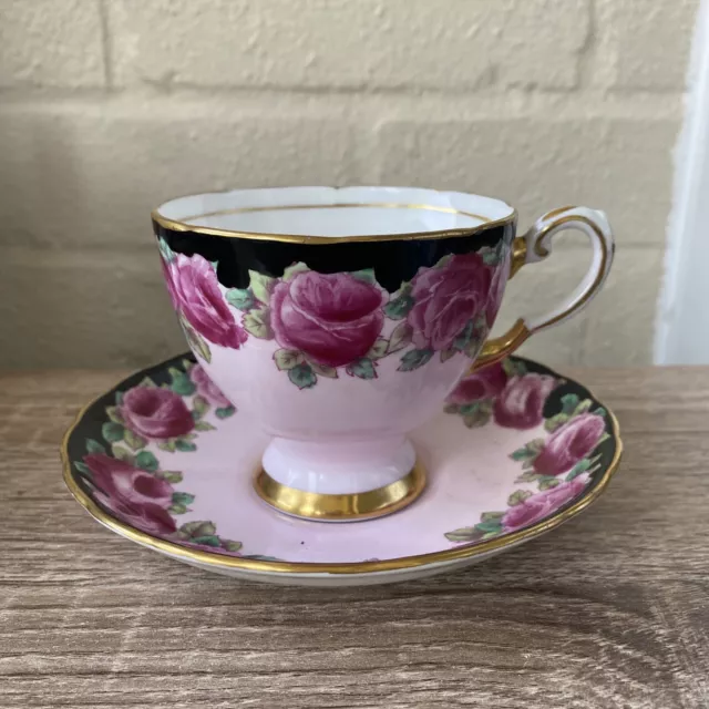 Tuscan Rose Tea Cup & Saucer Fine Bone China Pink Roses Black Gold (read Descri)