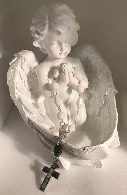 Lovely White Glass Pocket Rosary With Beautiful Christ Photo Cross