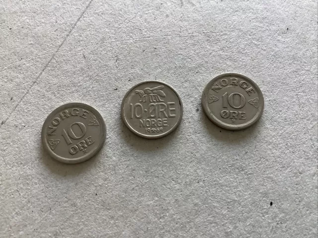 Job lot of 3 Coins From Norway. All 10 Ore. Two From 1957. One 1969.