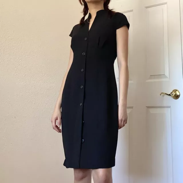 Calvin Klein Belted Cap Sleeve Sheath Dress Sz 8 Black Button Front Lined 2