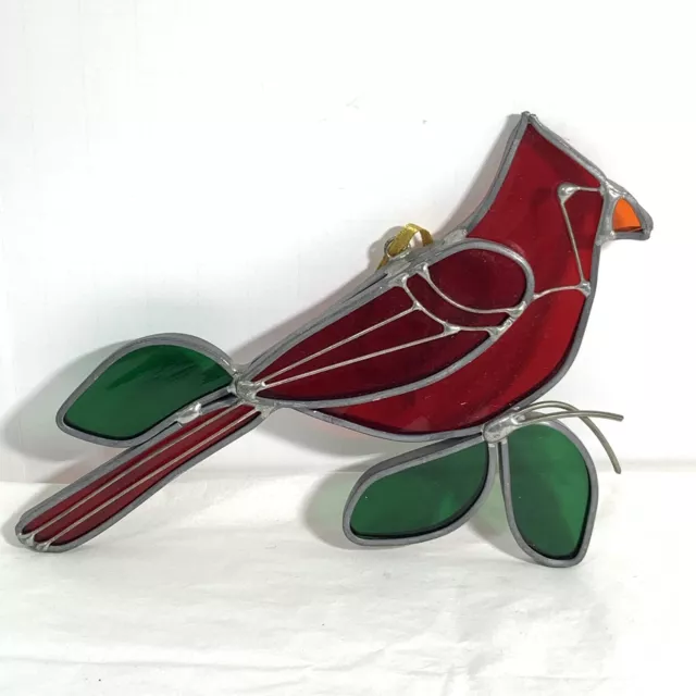 HANDCRAFTED Stained Glass Red Cardinal Bird SUN CATCHER Window ORNAMENT 7"