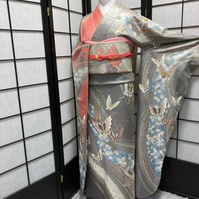 [6649] Furisode (long-sleeved kimono), pure silk, kimono only sold, Japanese vin