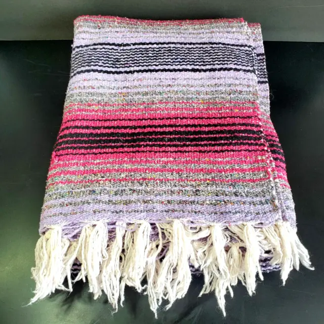 Vtg Woven Mexican Falsa Blanket Serape Throw Yoga Mat Pink Gray Acrylic 50"x74"