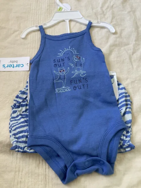Carters baby girl 2 piece blue kitten short outfit Size 3M NWT