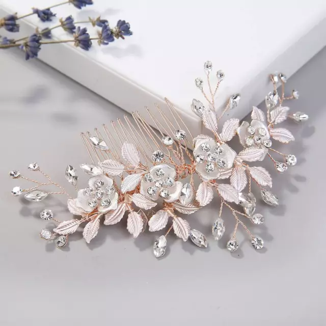 Women Rose Gold Rhinestone Hair Combs Leaf Flower Bride Headdress-Wedding Bridal