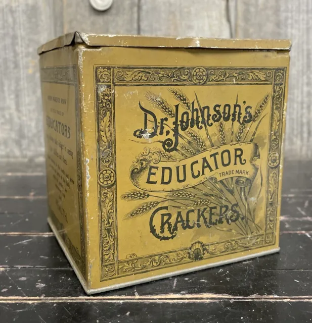Antique Dr Johnson’s Educators Healthy Crackers Tin Country Store SUPER CLEAN🔥