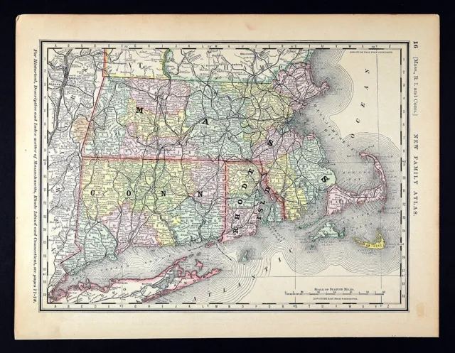 1882 Watson Map Massachusetts Rhode Island Connecticut Boston Hartford Cape Cod