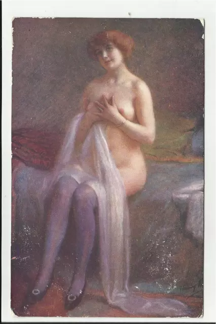 Antica Cartolina Da Quadro  Di  Henry Perrault Ingenua Donna Nuda