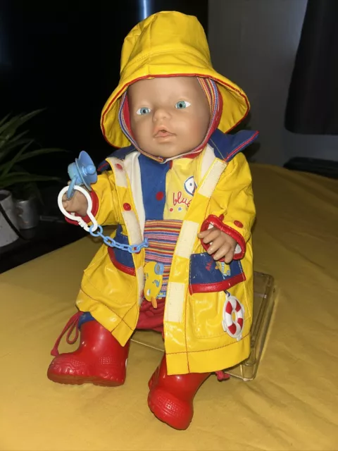 Vintage Zapf Baby Born Doll Blue Ocean Ahoi Outfit Yellow Raincoat Dummy Boots ✅