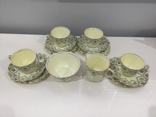 Crown Staffordshire Tea Set - 4 Cups Saucers, Plates, Sugar Bowl & Creamer