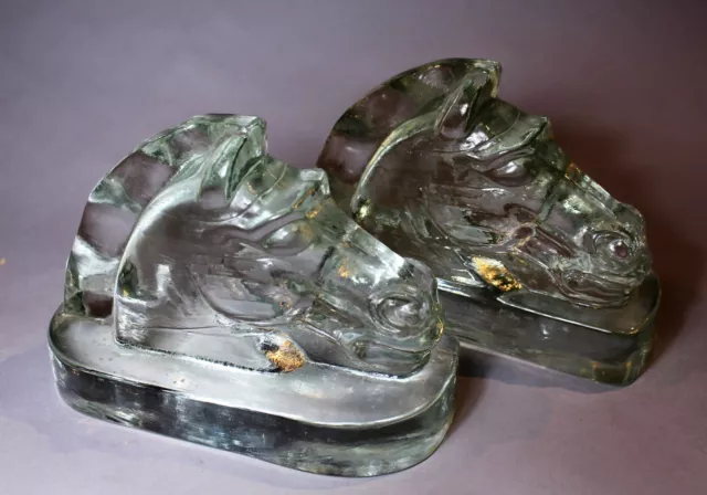 Pair of Heavy Cast Glass American Art Deco Horse Head Bookends c. 1950