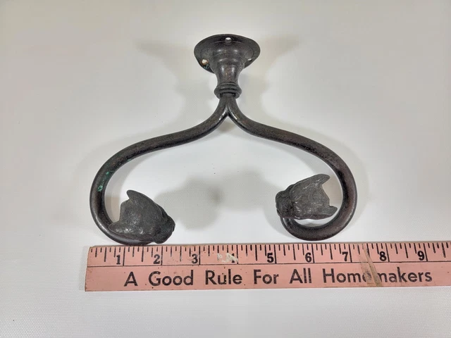 Antique Wrought Iron & Brass Washroom Towel Holder Hook Bracket - Panther / Lion 4