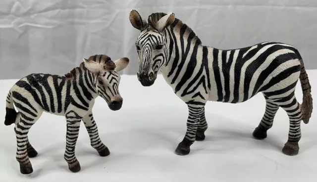 Lot of 2 Schleich Zebras 2008 - Adult 3.75" x 4" and Baby/Foal 2.5" x 2.75" Used