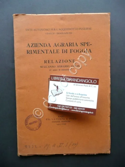 Azienda Agraria Sperimentale Foggia Relazione 1927-28 Acquedotto Pugliese 1929